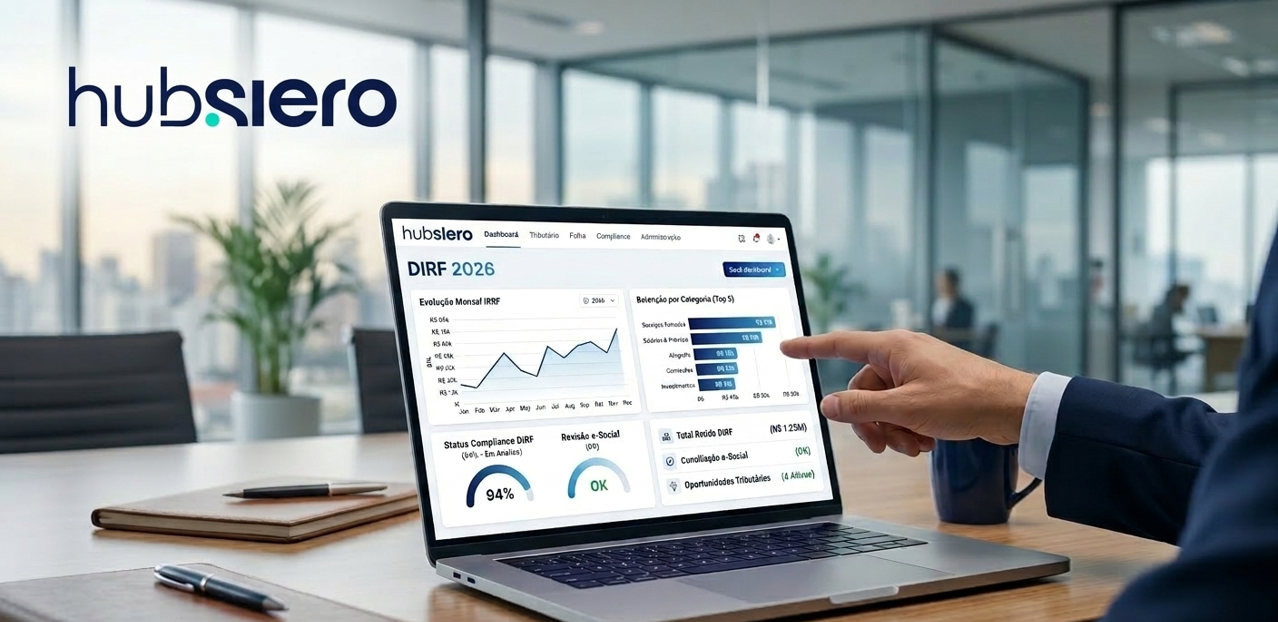 Painel de gestão tributária mostrando DIRF 2026 com integração ao eSocial
