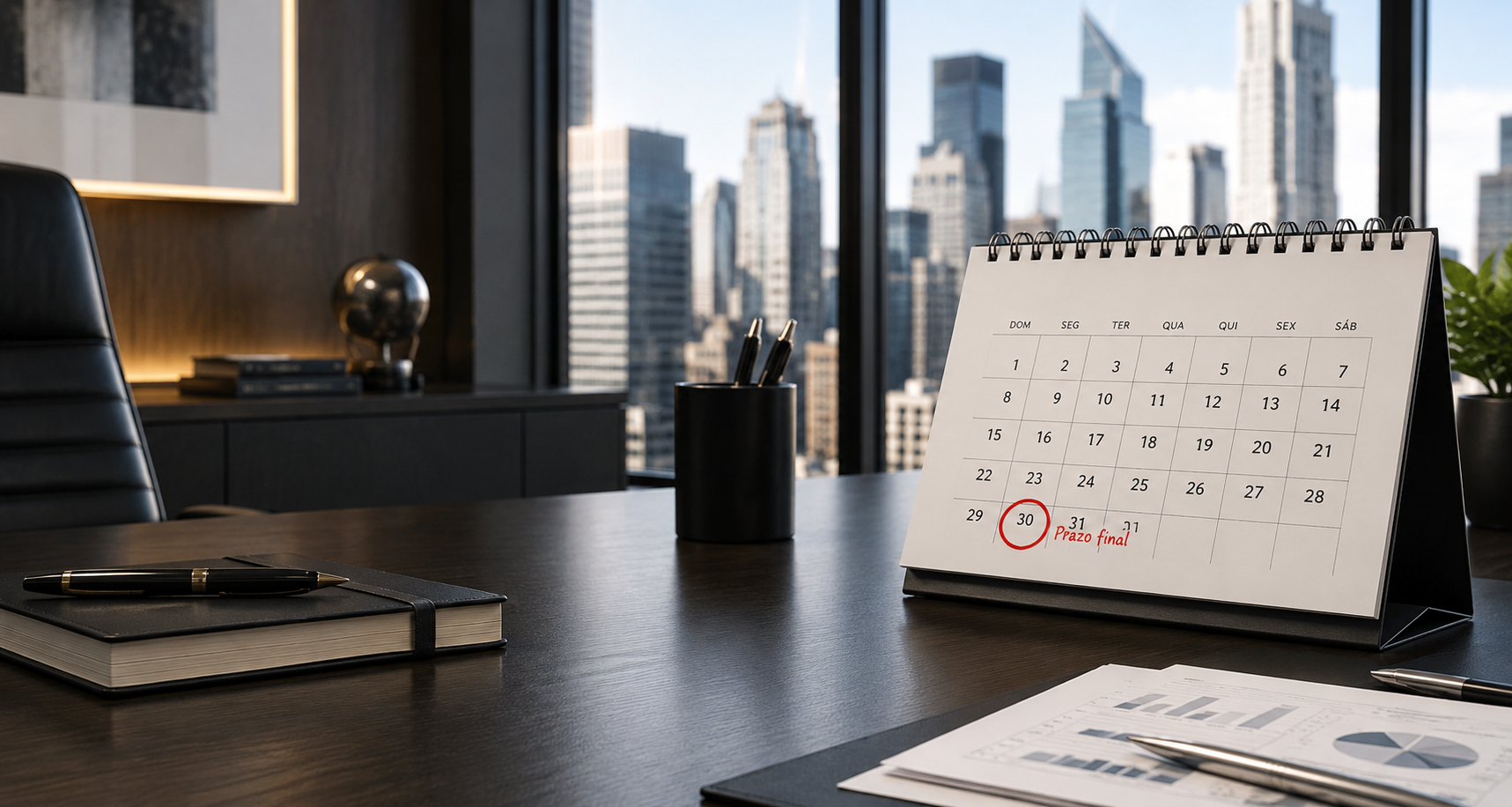 Calendário corporativo representando os prazos de entrega da ECD e da ECF e a importância da revisão fiscal e do compliance tributário.